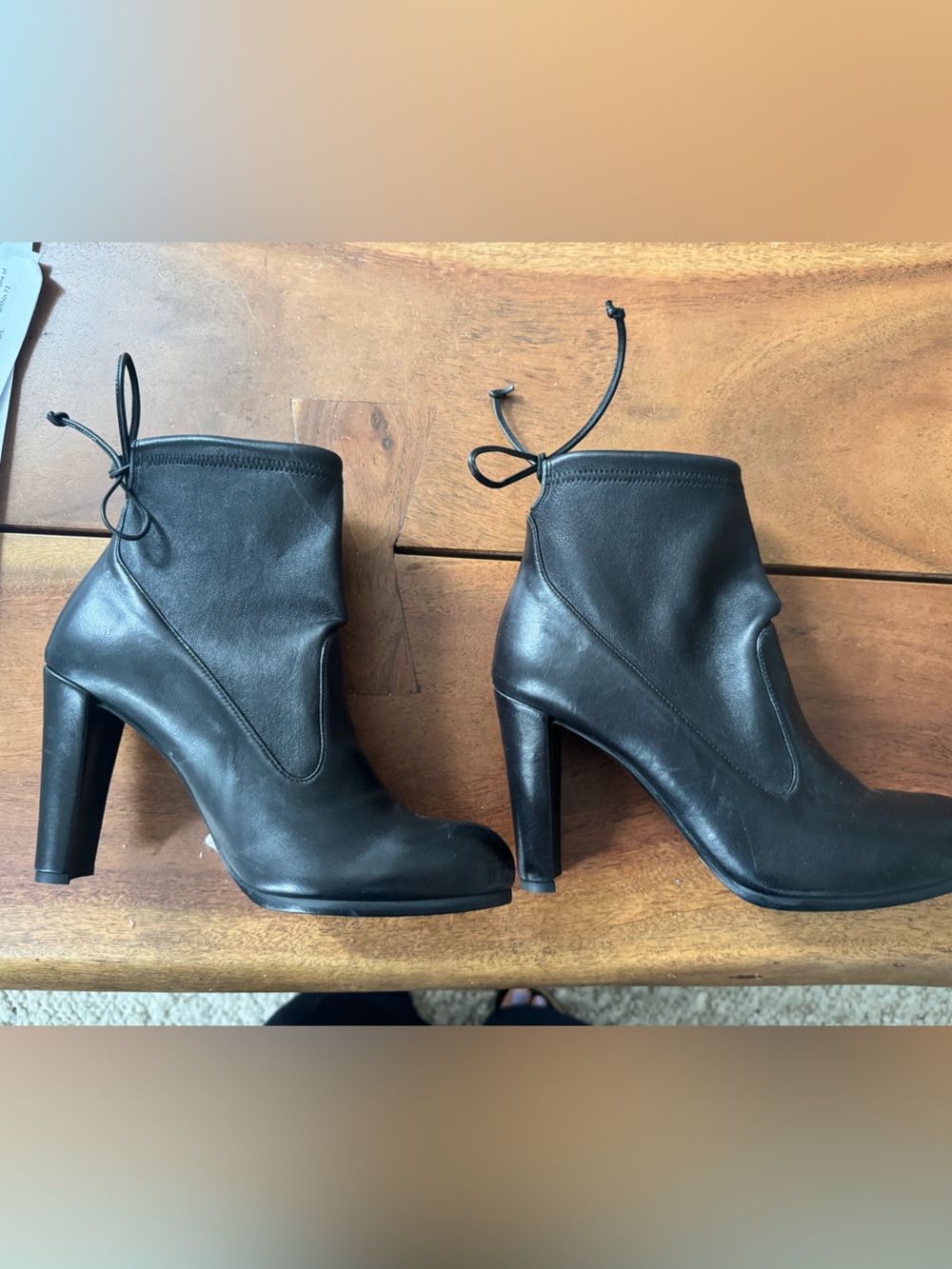 Stuart Weitzman Black Leather High Heel Ankle Boots with Rear Tie